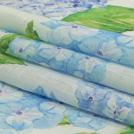 Blue, Green and White Hydrangeas Medium Weight Linen Woven