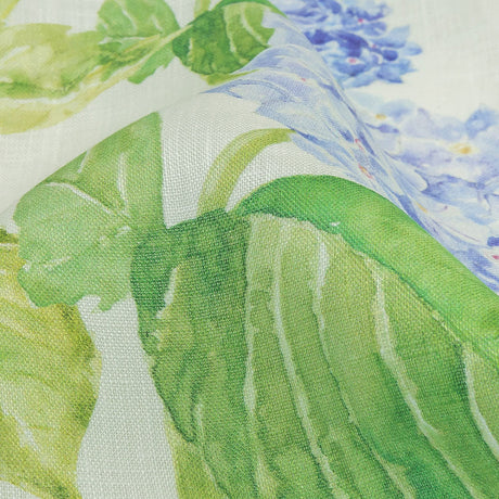 Blue, Green and White Hydrangeas Medium Weight Linen Woven