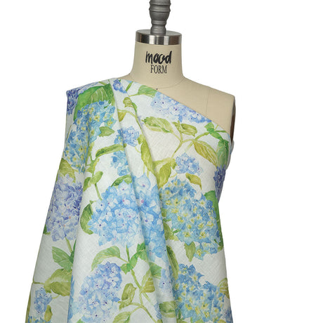 Blue, Green and White Hydrangeas Medium Weight Linen Woven