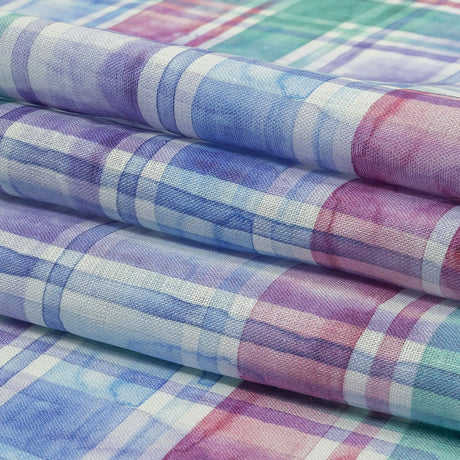 Purple, Teal and Pink Watercolor Plaid Medium Weight Linen Woven