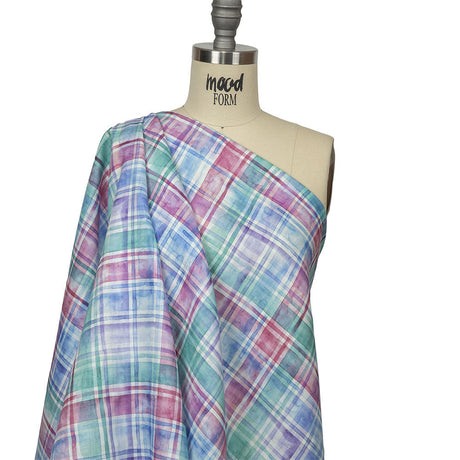 Purple, Teal and Pink Watercolor Plaid Medium Weight Linen Woven