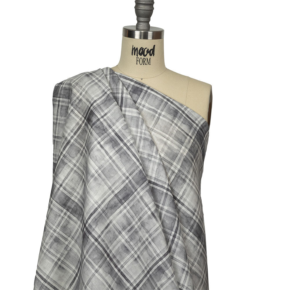 Gray and White Watercolor Plaid Medium Weight Linen Woven