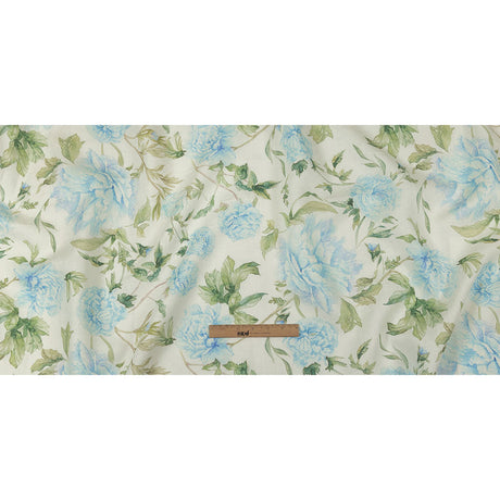 Blue, Green and White Watercolor Roses Medium Weight Linen Woven