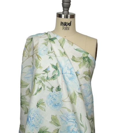 Blue, Green and White Watercolor Roses Medium Weight Linen Woven