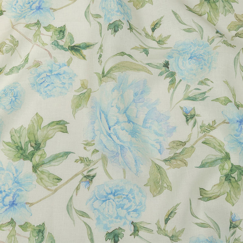 Blue, Green and White Watercolor Roses Medium Weight Linen Woven