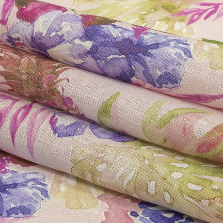 Pink, Purple and Green Watercolor Tropical Plants and Pineapples Medium Weight Linen Woven