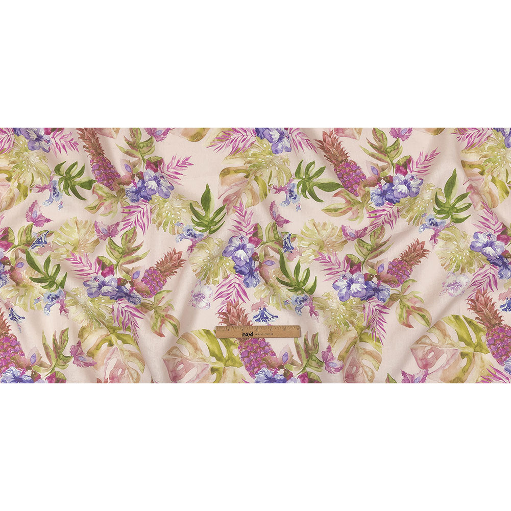 Pink, Purple and Green Watercolor Tropical Plants and Pineapples Medium Weight Linen Woven