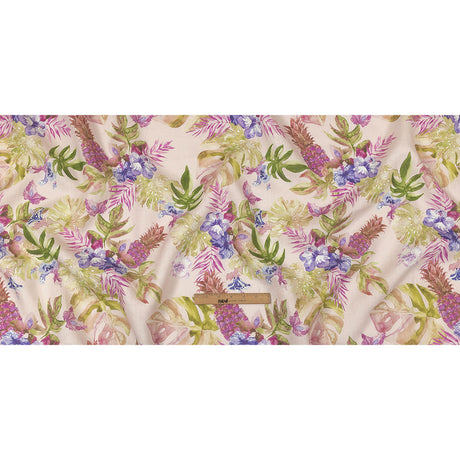 Pink, Purple and Green Watercolor Tropical Plants and Pineapples Medium Weight Linen Woven