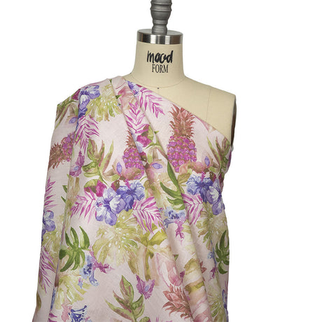 Pink, Purple and Green Watercolor Tropical Plants and Pineapples Medium Weight Linen Woven