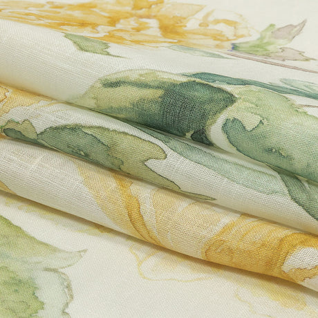Yellow, Green and White Watercolor Roses Medium Weight Linen Woven