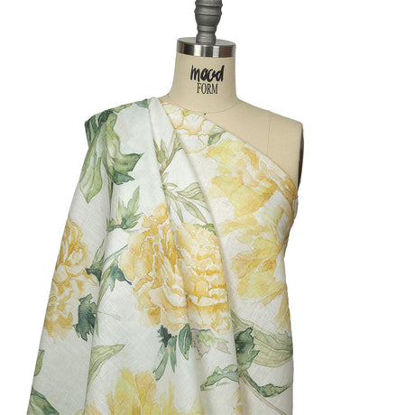 Yellow, Green and White Watercolor Roses Medium Weight Linen Woven