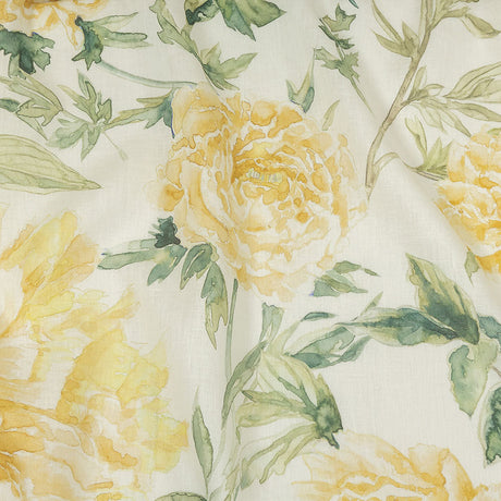 Yellow, Green and White Watercolor Roses Medium Weight Linen Woven