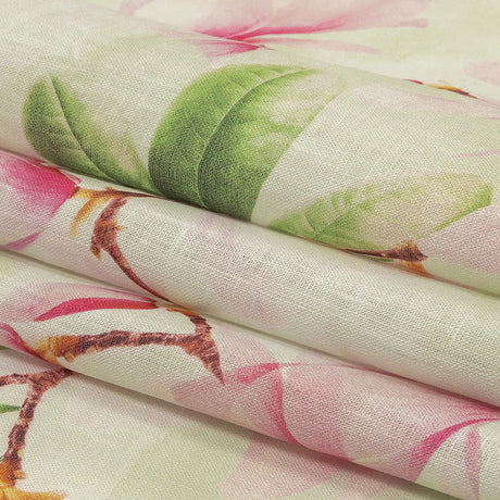 Pink and Green Magnolia Blooms Medium Weight Linen Woven