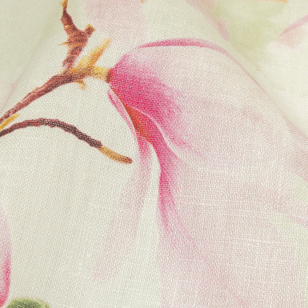 Pink and Green Magnolia Blooms Medium Weight Linen Woven