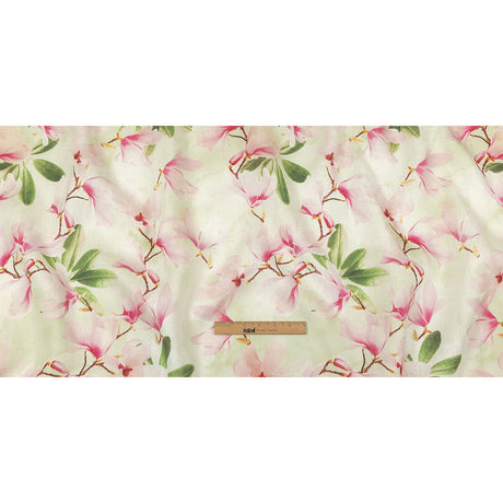 Pink and Green Magnolia Blooms Medium Weight Linen Woven