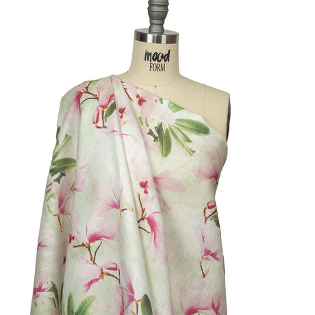 Pink and Green Magnolia Blooms Medium Weight Linen Woven
