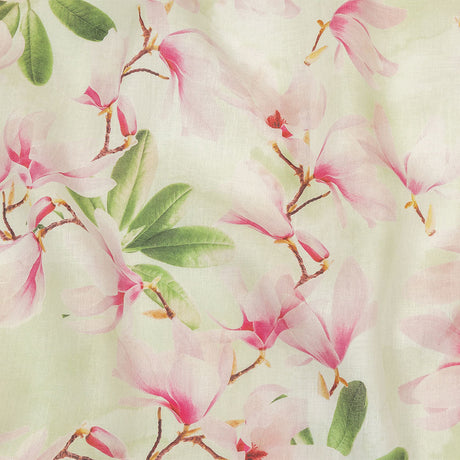 Pink and Green Magnolia Blooms Medium Weight Linen Woven