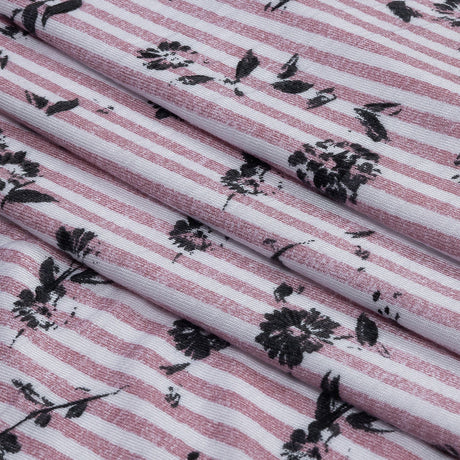 Mauve, White and Black Candy Stripes and Florals Stretch Rayon Jersey