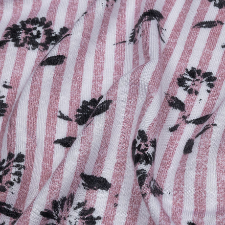 Mauve, White and Black Candy Stripes and Florals Stretch Rayon Jersey