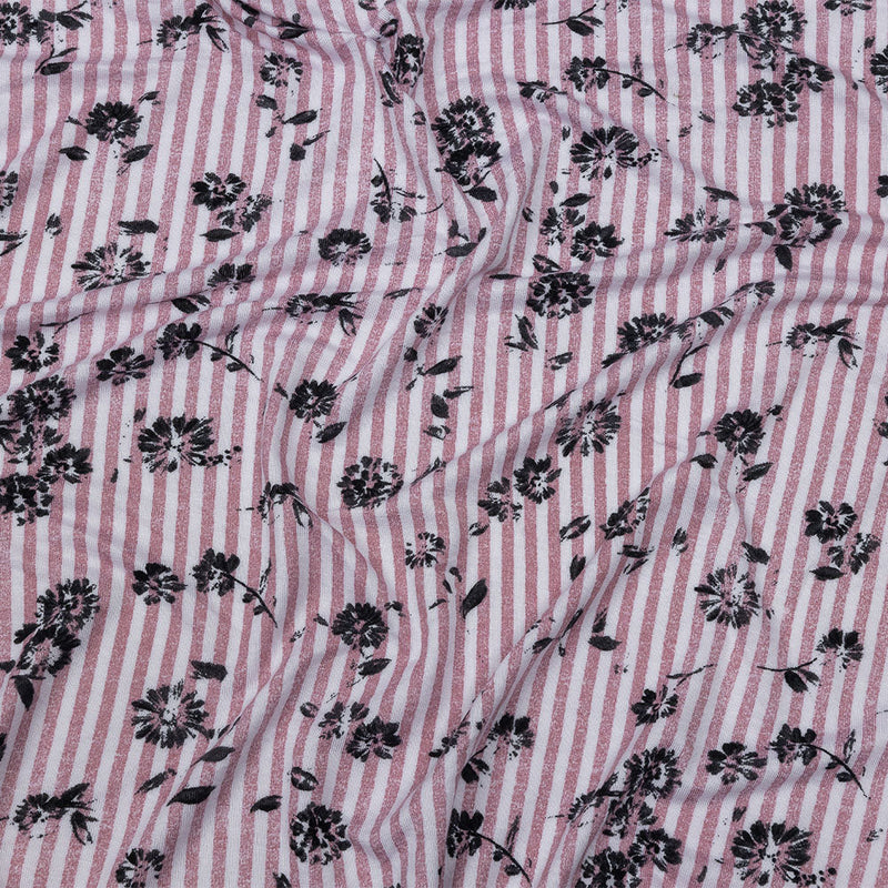 Mauve, White and Black Candy Stripes and Florals Stretch Rayon Jersey