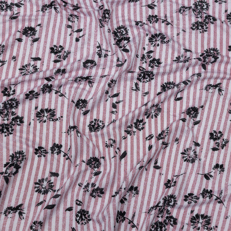 Mauve, White and Black Candy Stripes and Florals Stretch Rayon Jersey