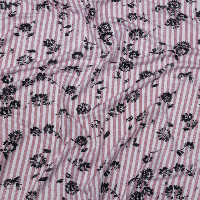 Mauve, White and Black Candy Stripes and Florals Stretch Rayon Jersey