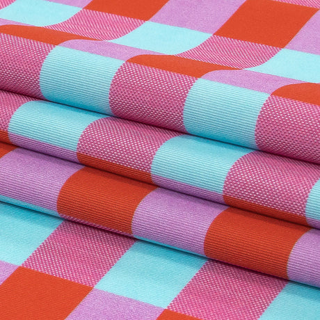 Red Orange and Aqua Checks UV Protective Compression Swimwear Tricot with Aloe Vera Microcapsules
