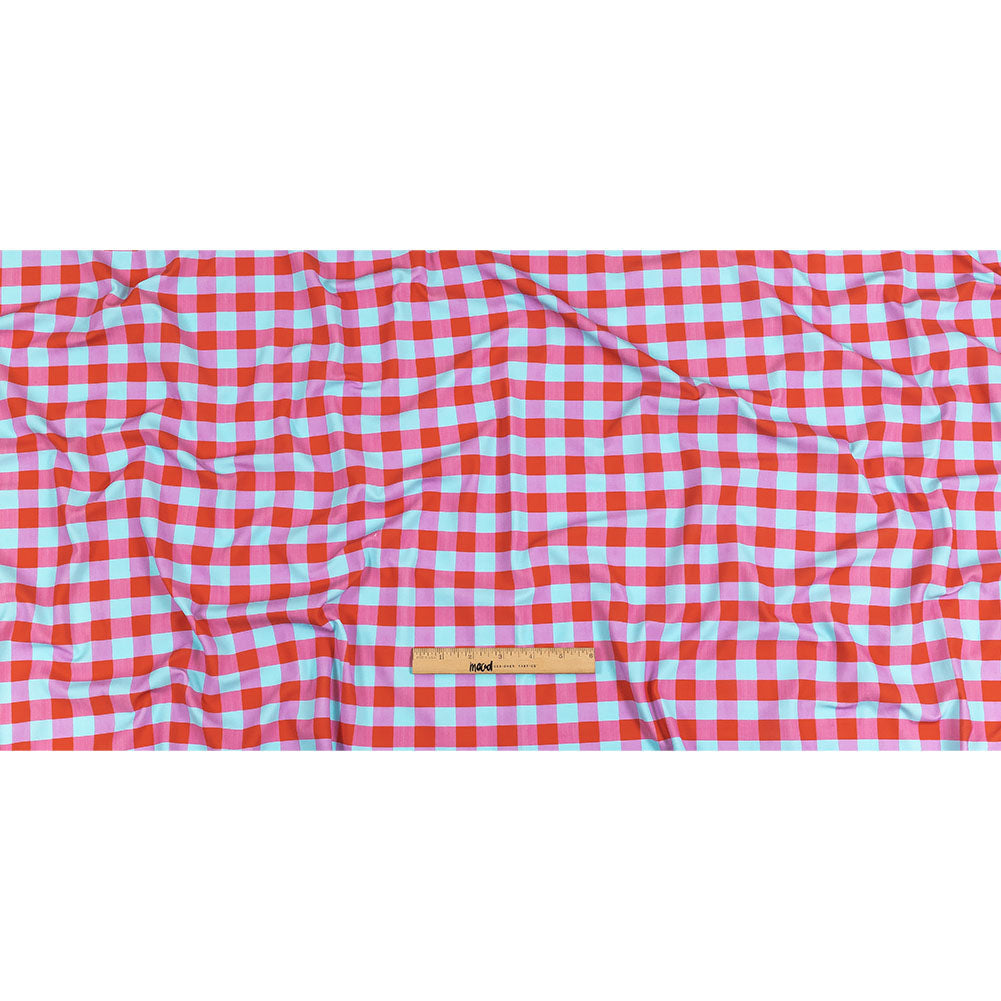 Red Orange and Aqua Checks UV Protective Compression Swimwear Tricot with Aloe Vera Microcapsules
