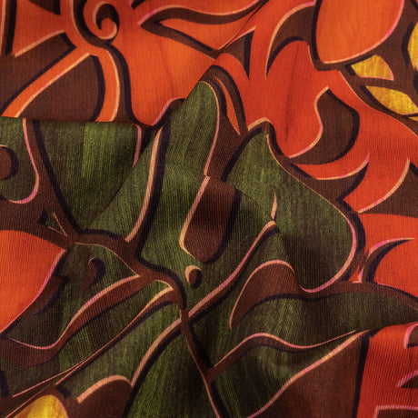 Red, Orange and Olive Green Art Nouveau Leaves UV Protective Compression Swimwear Tricot with Aloe Vera Microcapsules