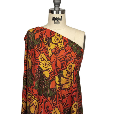 Red, Orange and Olive Green Art Nouveau Leaves UV Protective Compression Swimwear Tricot with Aloe Vera Microcapsules