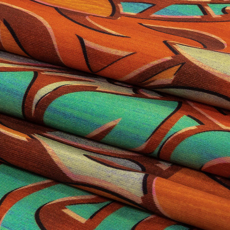 Orange and Turquoise Art Nouveau Leaves UV Protective Compression Swimwear Tricot with Aloe Vera Microcapsules