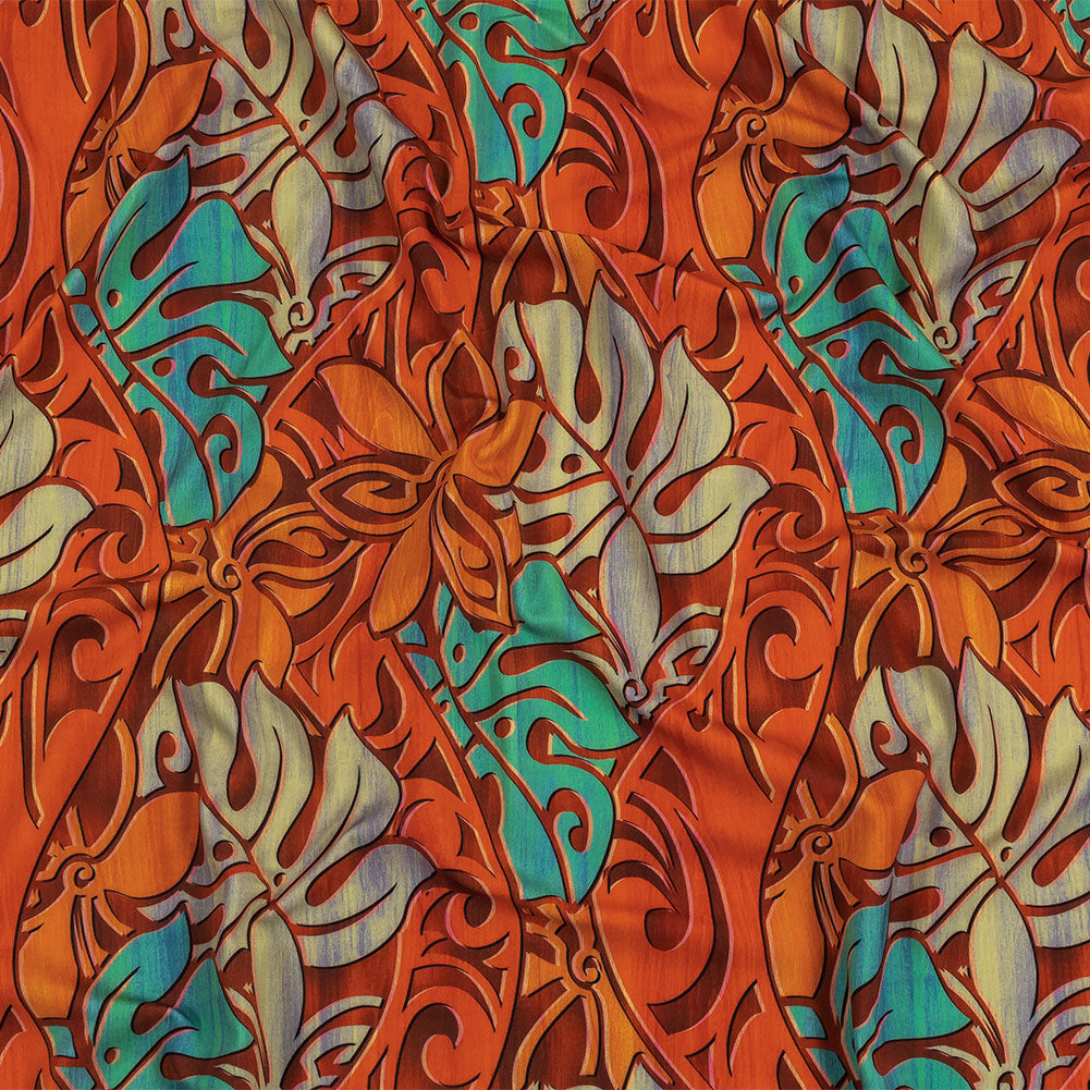 Orange and Turquoise Art Nouveau Leaves UV Protective Compression Swimwear Tricot with Aloe Vera Microcapsules
