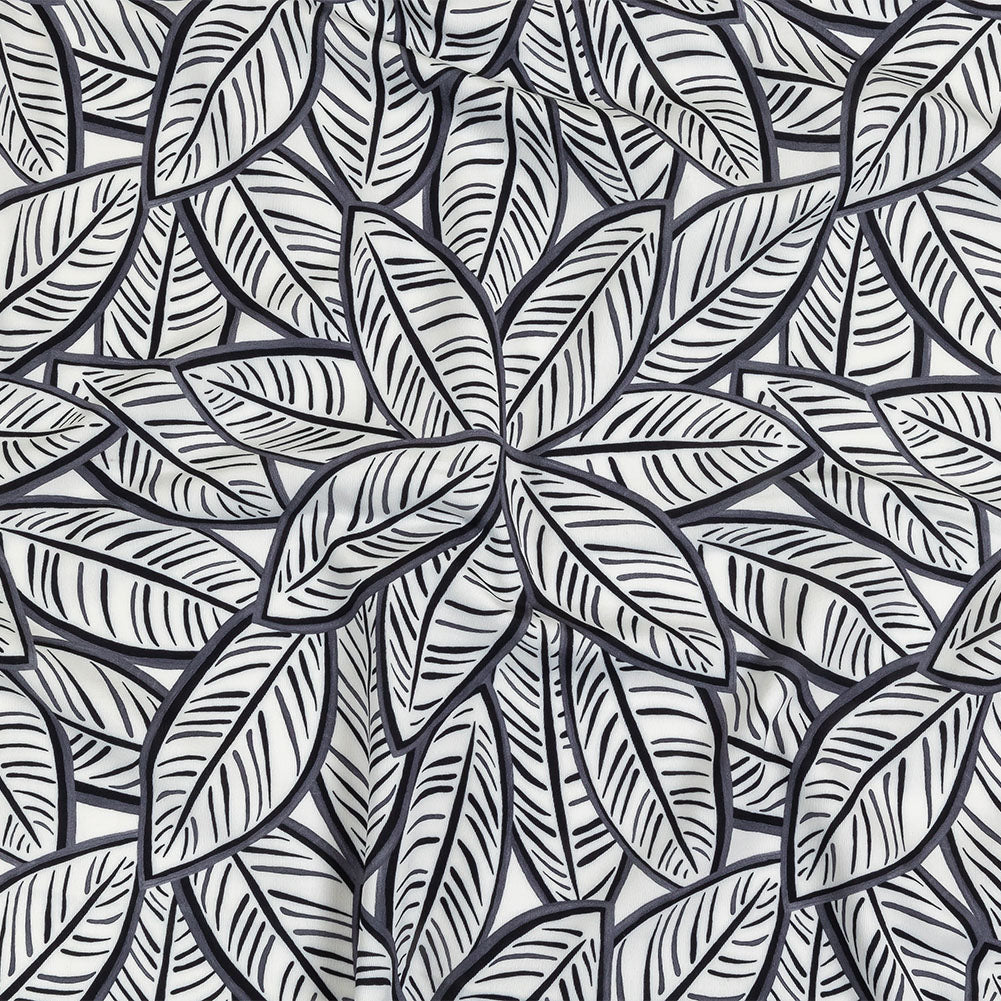 White, Folkstone Gray and Black Leaves UV Protective Compression Swimwear Tricot with Aloe Vera Microcapsules