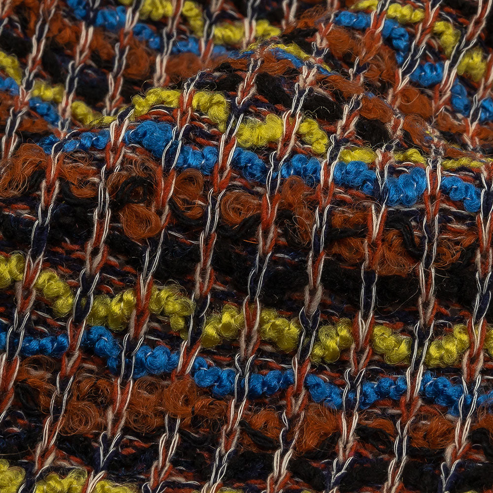 Italian Burnt Orange, Key Lime and Bright Blue Striped Boucle Wool Sweater Knit