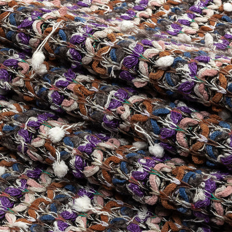 Purple, Burnt Orange and Gray Striped Tactile Cotton and Polyester Knit with Pom Poms
