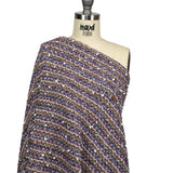 Purple, Burnt Orange and Gray Striped Tactile Cotton and Polyester Knit with Pom Poms