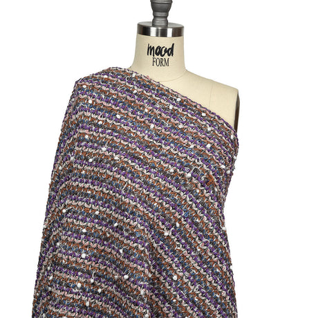 Purple, Burnt Orange and Gray Striped Tactile Cotton and Polyester Knit with Pom Poms