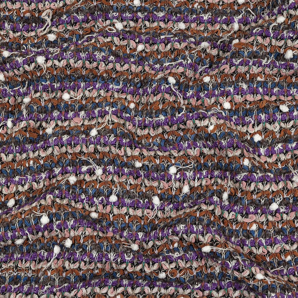 Purple, Burnt Orange and Gray Striped Tactile Cotton and Polyester Knit with Pom Poms