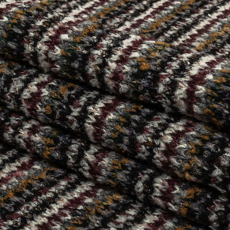Burgundy, Cream and Metallic Silver Striped Boucle Blended Wool Sweater Knit with Black Eyelash Fringe