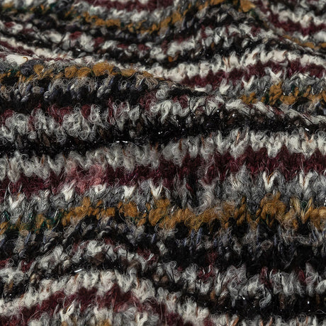 Burgundy, Cream and Metallic Silver Striped Boucle Blended Wool Sweater Knit with Black Eyelash Fringe