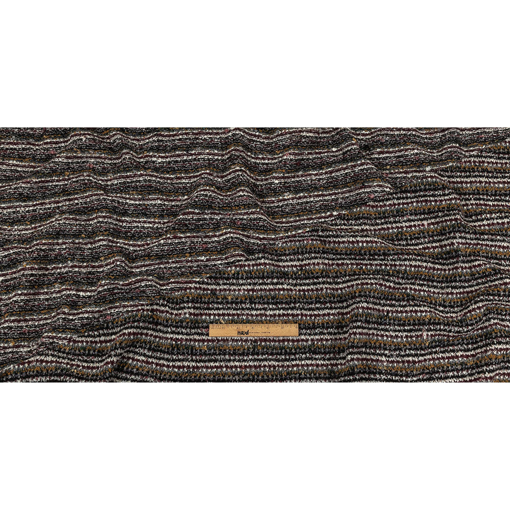 Burgundy, Cream and Metallic Silver Striped Boucle Blended Wool Sweater Knit with Black Eyelash Fringe