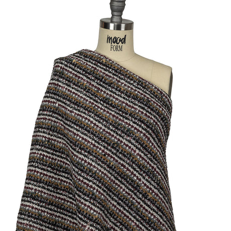 Burgundy, Cream and Metallic Silver Striped Boucle Blended Wool Sweater Knit with Black Eyelash Fringe