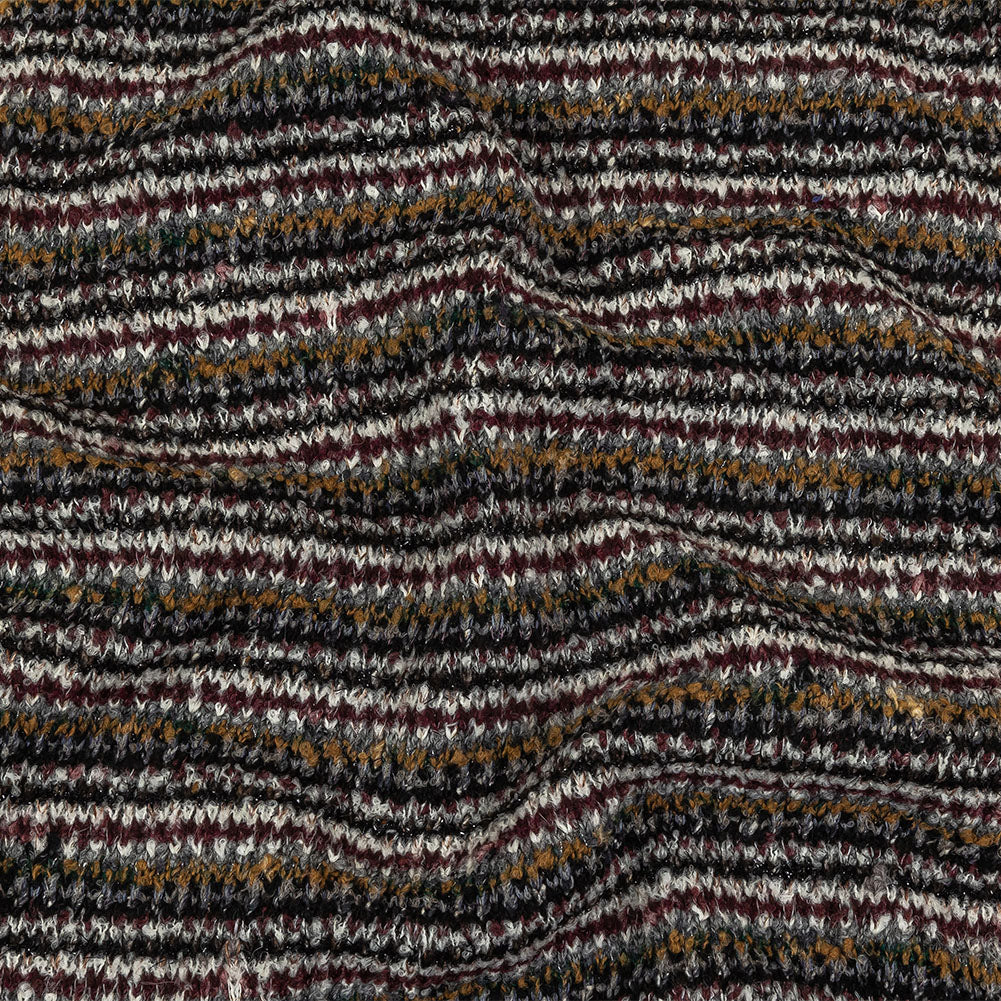 Burgundy, Cream and Metallic Silver Striped Boucle Blended Wool Sweater Knit with Black Eyelash Fringe