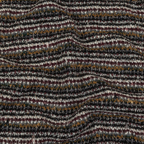 Burgundy, Cream and Metallic Silver Striped Boucle Blended Wool Sweater Knit with Black Eyelash Fringe