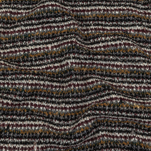 Burgundy, Cream and Metallic Silver Striped Boucle Blended Wool Sweater Knit with Black Eyelash Fringe