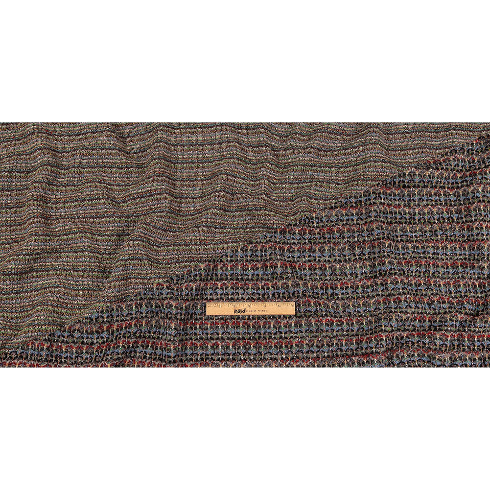 Italian Dusty Blue, Charcoal and Red Striped Boucle Blended Wool Sweater Knit