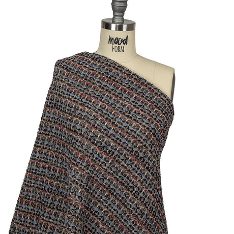 Italian Dusty Blue, Charcoal and Red Striped Boucle Blended Wool Sweater Knit