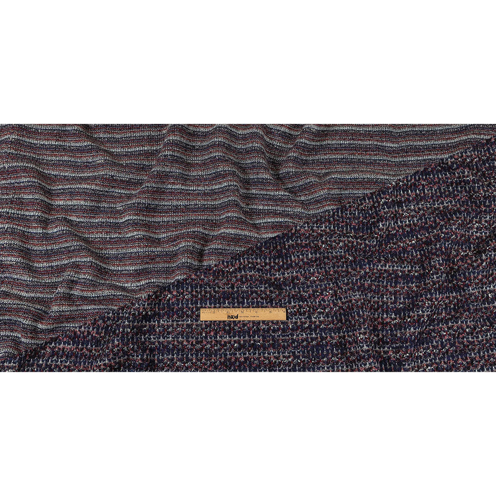 Italian Maritime Blue, Dusty Rose, and Red Striated Boucle Blended Wool Sweater Knit