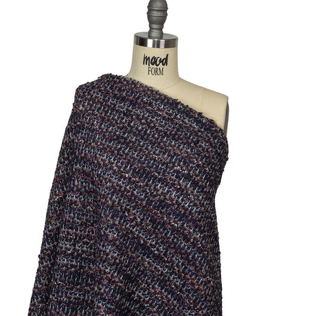 Italian Maritime Blue, Dusty Rose, and Red Striated Boucle Blended Wool Sweater Knit
