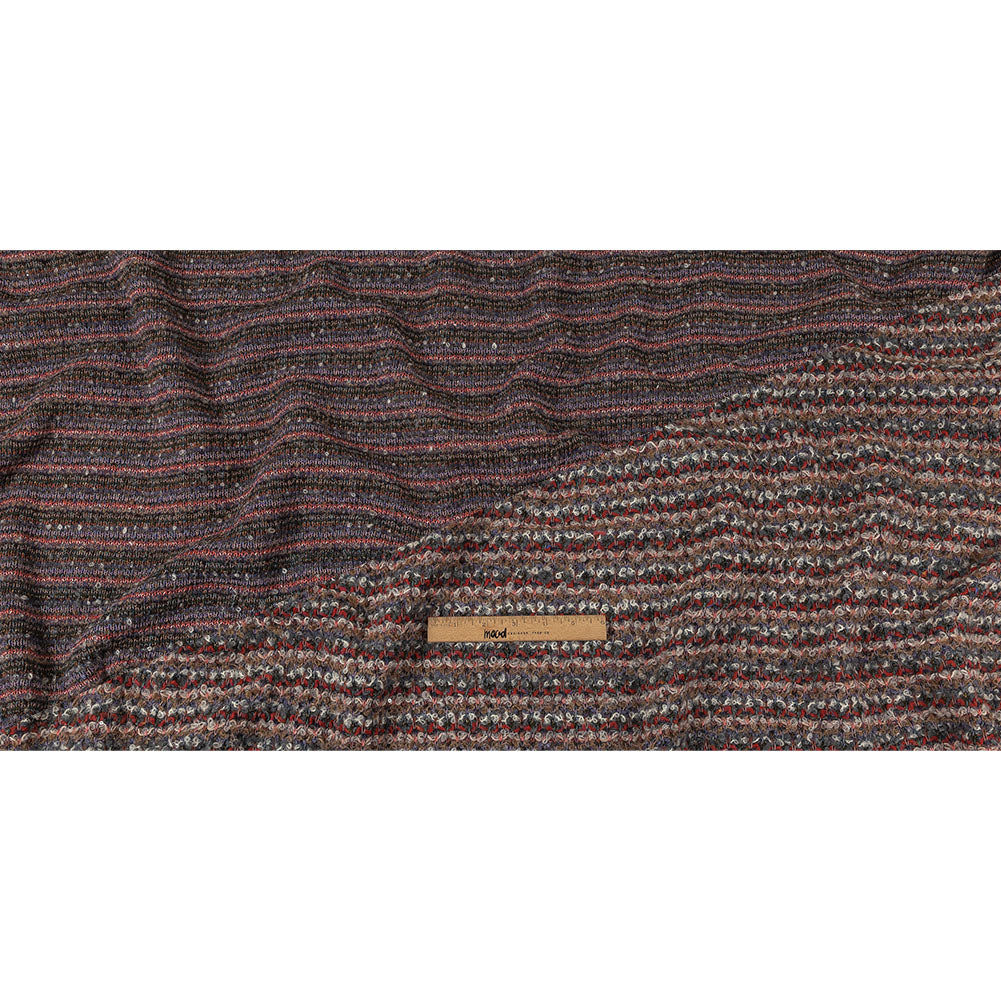 Italian Gray, Beige, and Red Striped Boucle Blended Wool Sweater Knit with Clear Baby Sequins